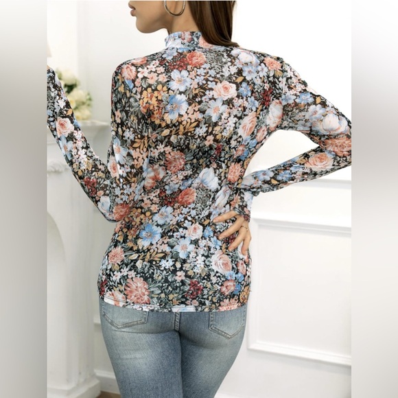 Black Sheer Lace Floral Mock Neck Mesh, Long Sleeve Floral Top - Picture 4 of 5